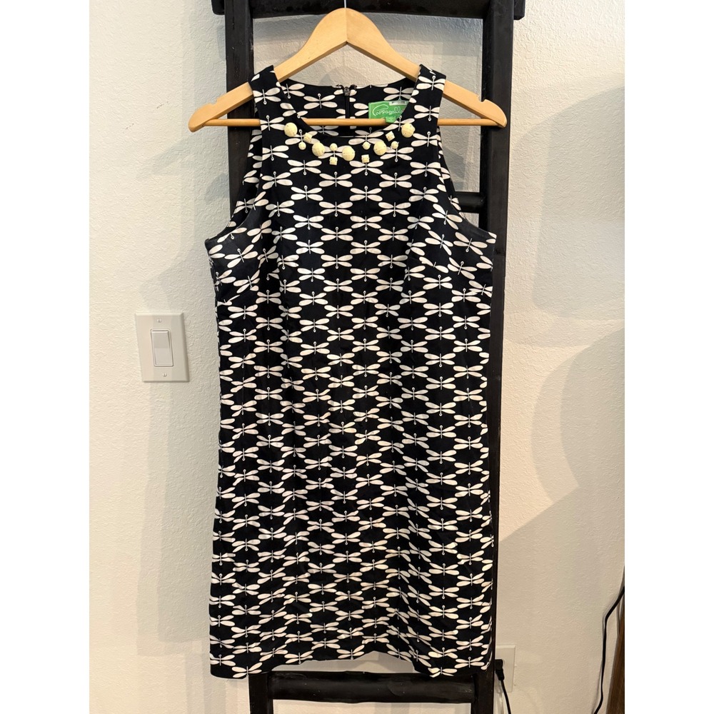 Pappagallo Black & White Dragonfly‎ Print Sheath Dress Women's Size 8 Sleeveless